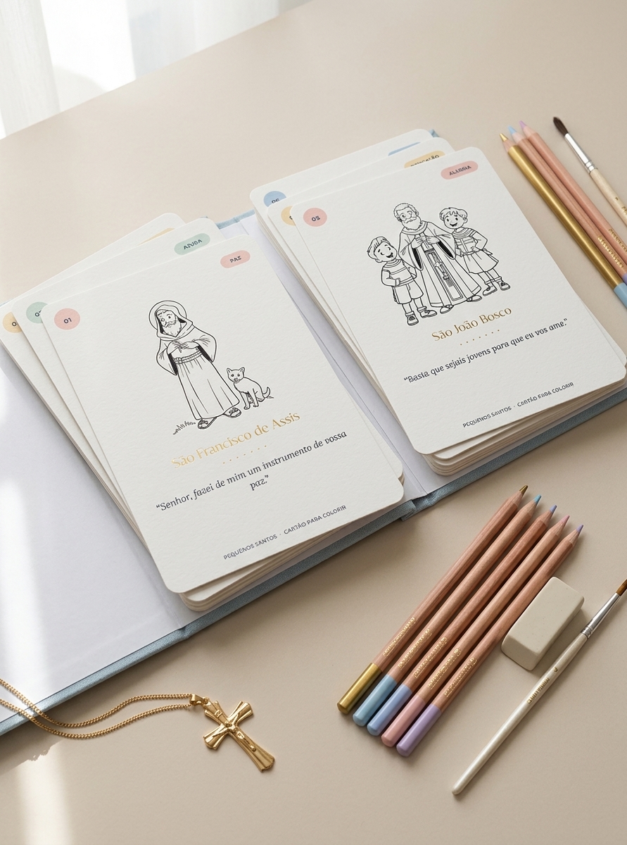 Cartões para colorir de São Francisco de Assis e São João Bosco com lápis de cor ao lado