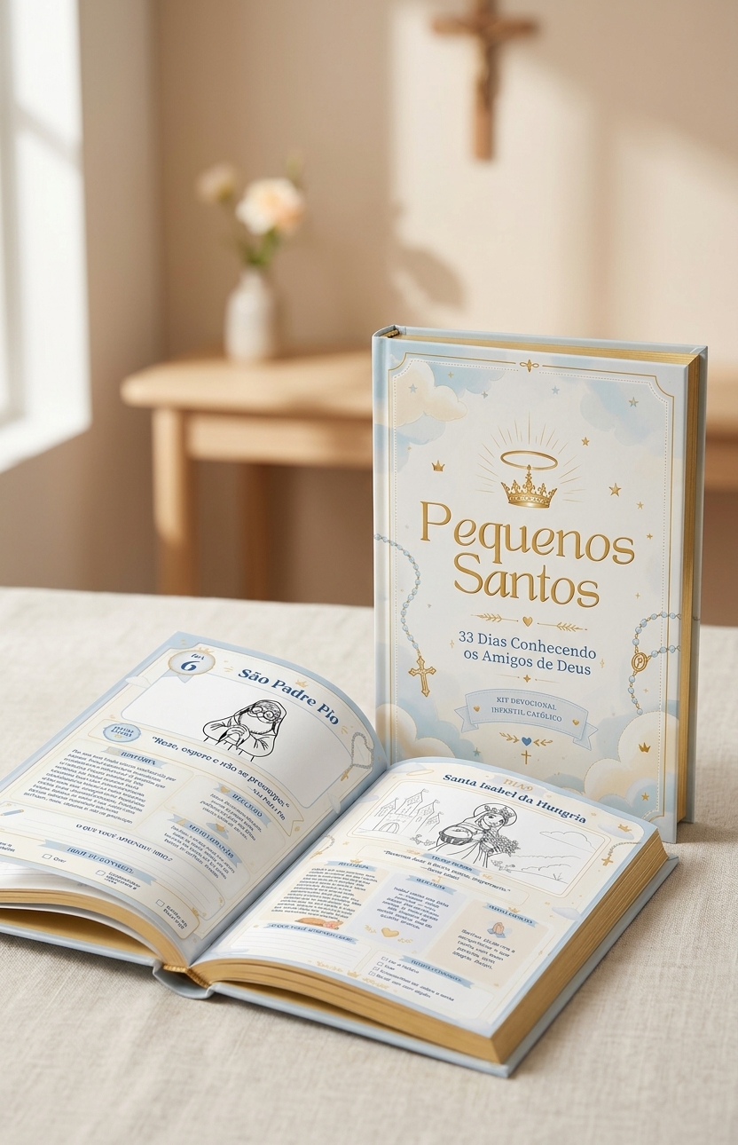 Livro do Kit Pequenos Santos fechado e aberto sobre a mesa, mostrando as páginas de São Padre Pio e Santa Isabel da Hungria