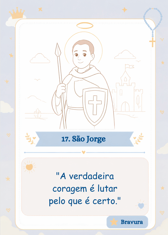 Cartão de memorização de São Jorge com ilustração e virtude da bravura
