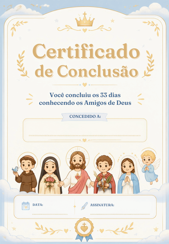 Certificado de Conclusão do Kit Pequenos Santos com ilustrações de santos