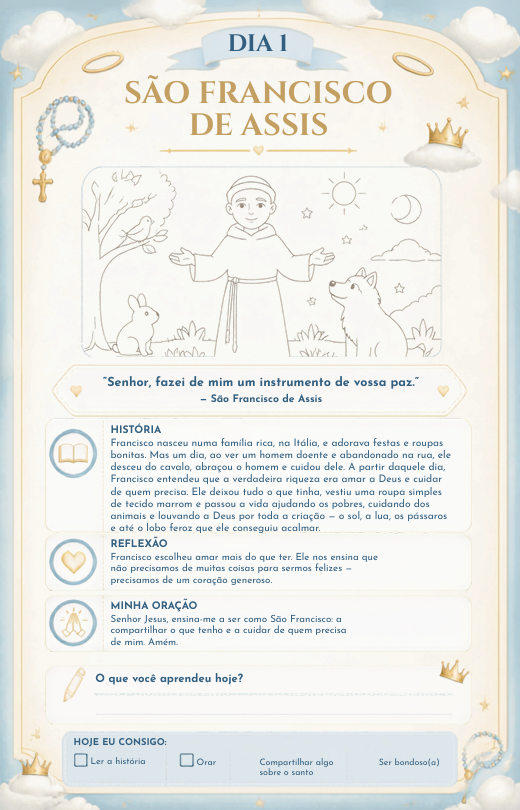 Página do Dia 1: a história de São Francisco de Assis, com ilustração para colorir, história, reflexão, oração e espaço para anotações