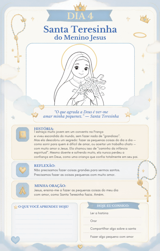 Página do Dia 4: a história de Santa Teresinha do Menino Jesus, com frase do santa, reflexão e atividades