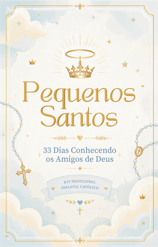 Capa do Kit Pequenos Santos: design celestial com coroa dourada, terço e nuvens, escrito '33 Dias Conhecendo os Amigos de Deus'